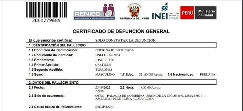 Certificado de defunción de Pedro Castillo. Foto: Agencia de Noticias.